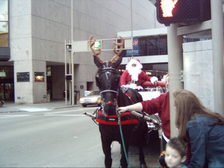 Horse drawn carriage ride with Santa thru downtown Cincinnati OH