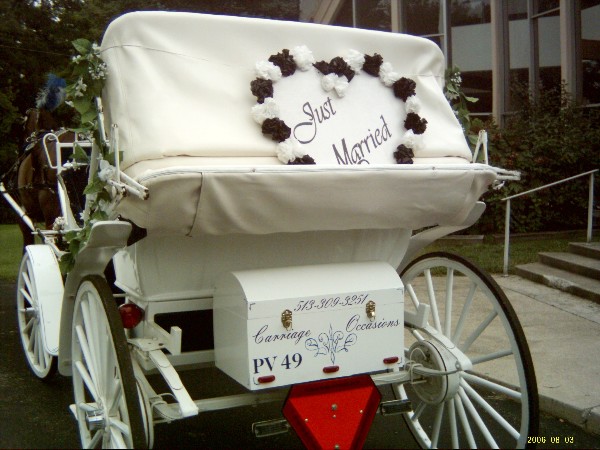 The Just Married sign on the back of Felina's Carriage.  Her white/blue Vis a vis wedding carriage in Cincinnati Ohio - OH