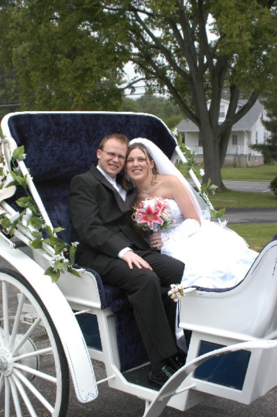 Felina waiting for an Ohio wedding.  Her white/blue Vis a vis horse-drawn wedding carriage in Cincinnati Ohio - OH